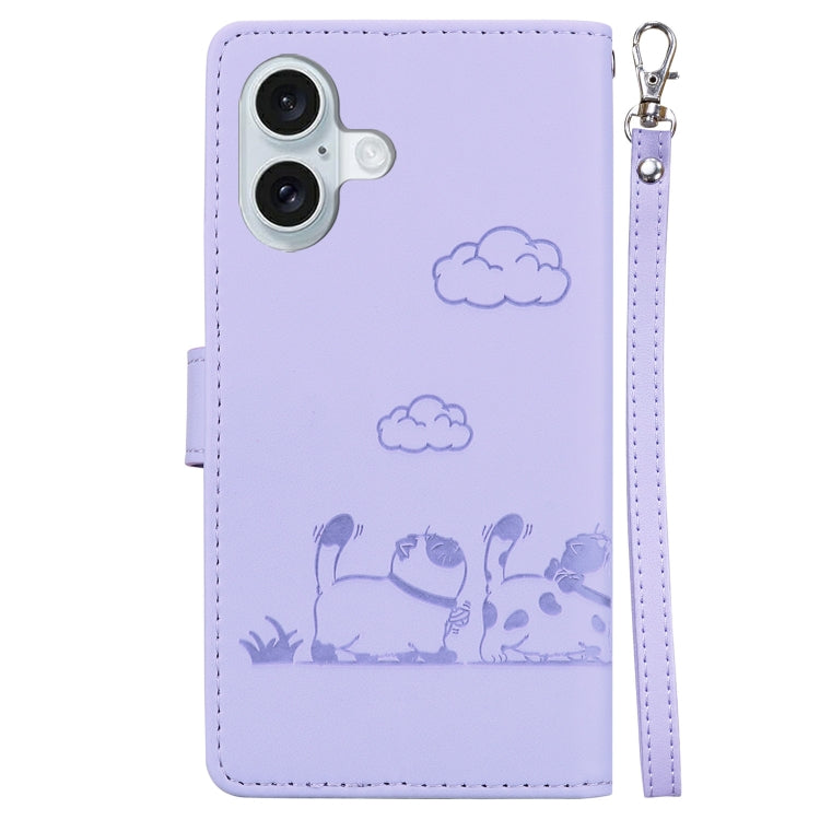 For iPhone 16 Cute Cats RFID Leather Phone Case(Purple) - iPhone 16 Cases by buy2fix | Online Shopping UK | buy2fix