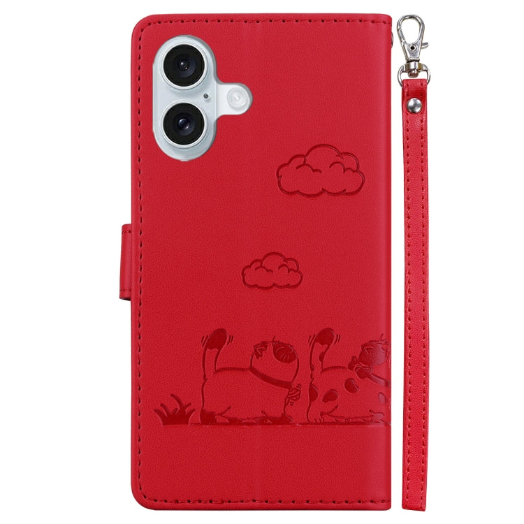 For iPhone 16 Cute Cats RFID Leather Phone Case(Red) - iPhone 16 Cases by buy2fix | Online Shopping UK | buy2fix