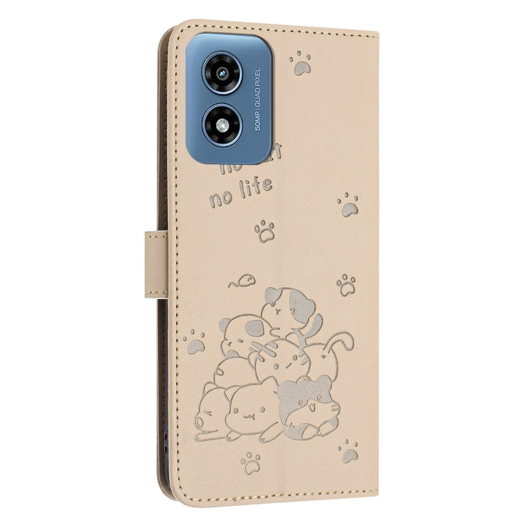 For Motorola Moto G Play 4G 2024 Embossed Kitten Phone Leather Case with Lanyard(Beige) - Motorola Cases by buy2fix | Online Shopping UK | buy2fix