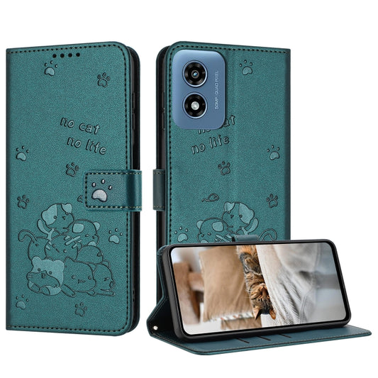 For Motorola Moto G Play 4G 2024 Embossed Kitten Phone Leather Case with Lanyard(Dark Green) - Motorola Cases by buy2fix | Online Shopping UK | buy2fix