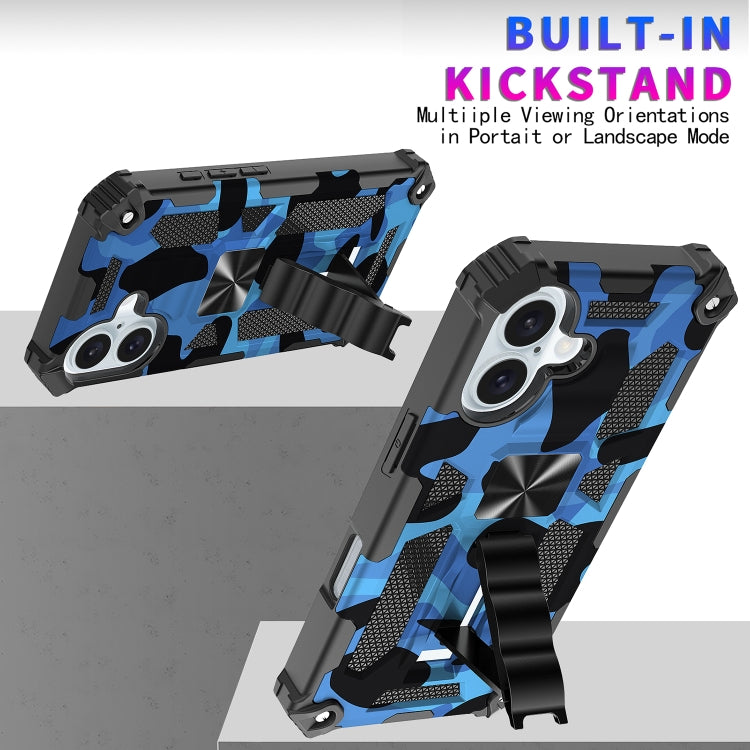 For iPhone 16 Plus Camouflage Armor Kickstand TPU Hybrid PC Magnetic Phone Case(Blue) - iPhone 16 Plus Cases by buy2fix | Online Shopping UK | buy2fix