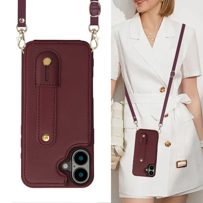 For iPhone 16 Wristband Vertical Flip Wallet Back Cover Phone Case with Long Lanyard(Wine Red) - iPhone 16 Cases by buy2fix | Online Shopping UK | buy2fix