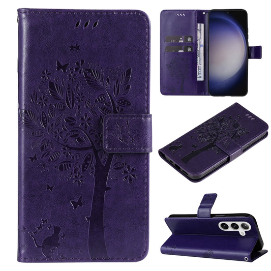 For Samsung Galaxy S25 / S24 5G Tree & Cat Embossed Pattern Flip Leather Phone Case(Purple) - Galaxy S25 5G Cases by buy2fix | Online Shopping UK | buy2fix