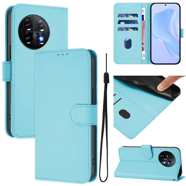 For OnePlus 11 Skin Feel Solid Color Leather Phone Case with Lanyard(Sky Blue) - OnePlus Cases by buy2fix | Online Shopping UK | buy2fix