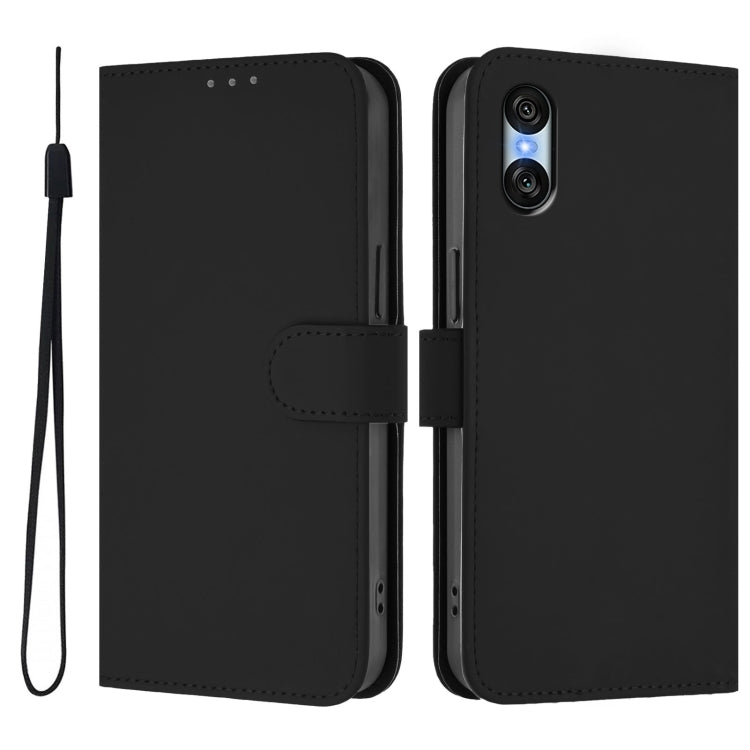 For Sony Xperia 10 VI 2024 Skin Feel Solid Color Leather Phone Case with Lanyard(Black) - Sony Cases by buy2fix | Online Shopping UK | buy2fix