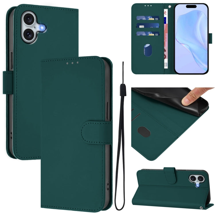 For iPhone 16 Plus Skin Feel Solid Color Leather Phone Case with Lanyard(Dark Green) - iPhone 16 Plus Cases by buy2fix | Online Shopping UK | buy2fix