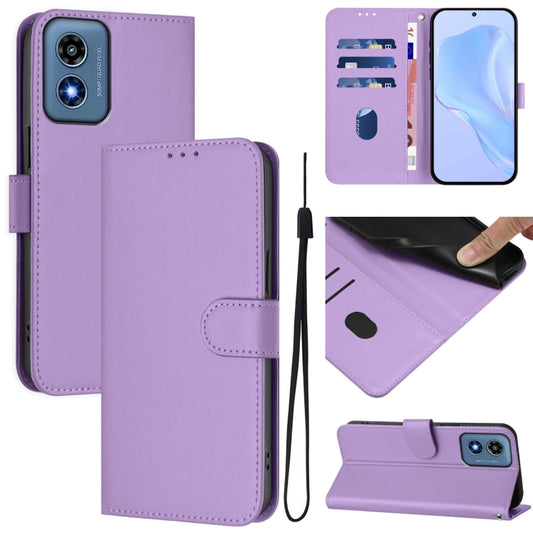 For Motorola Moto G Play 4G 2024 Global Skin Feel Solid Color Leather Phone Case with Lanyard(Lavender Purple) - Motorola Cases by buy2fix | Online Shopping UK | buy2fix