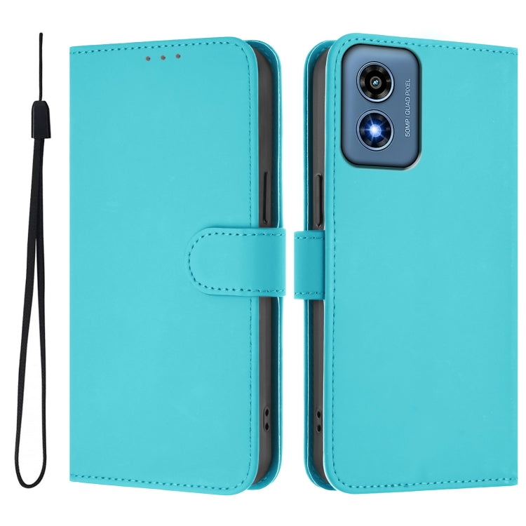 For Motorola Moto G Play 4G 2024 Global Skin Feel Solid Color Leather Phone Case with Lanyard(Lake Blue) - Motorola Cases by buy2fix | Online Shopping UK | buy2fix