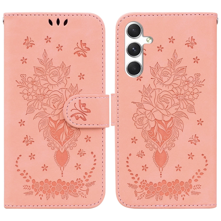 For Samsung Galaxy S25 5G Butterfly Rose Embossed Leather Phone Case(Pink) - Galaxy S25 5G Cases by buy2fix | Online Shopping UK | buy2fix