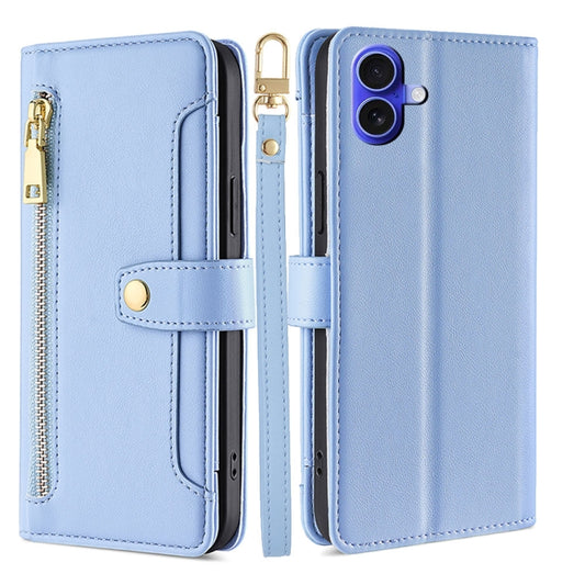 For iPhone 16 Plus Sheep Texture Cross-body Zipper Wallet Leather Phone Case(Blue) - iPhone 16 Plus Cases by buy2fix | Online Shopping UK | buy2fix