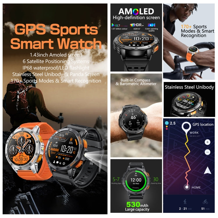 LEMFO K67 1.43 inch AMOLED Screen GPS Sports Smart Watch, Support Bluetooth Call / Health Monitoring(Black) - Smart Watches by LEMFO | Online Shopping UK | buy2fix