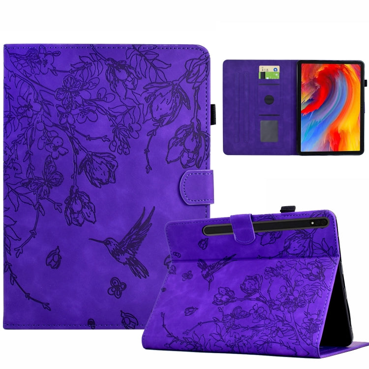 For Samsung Galaxy Tab S9 Flowers and Bird Embossed Smart Leather Tablet Case(Purple) - Galaxy Tab S9 Cases by buy2fix | Online Shopping UK | buy2fix