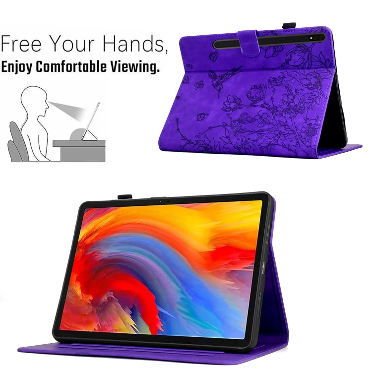 For Samsung Galaxy Tab S9 Flowers and Bird Embossed Smart Leather Tablet Case(Purple) - Galaxy Tab S9 Cases by buy2fix | Online Shopping UK | buy2fix