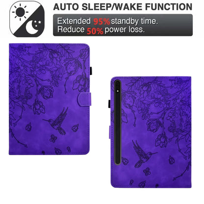 For Samsung Galaxy Tab S9 Flowers and Bird Embossed Smart Leather Tablet Case(Purple) - Galaxy Tab S9 Cases by buy2fix | Online Shopping UK | buy2fix