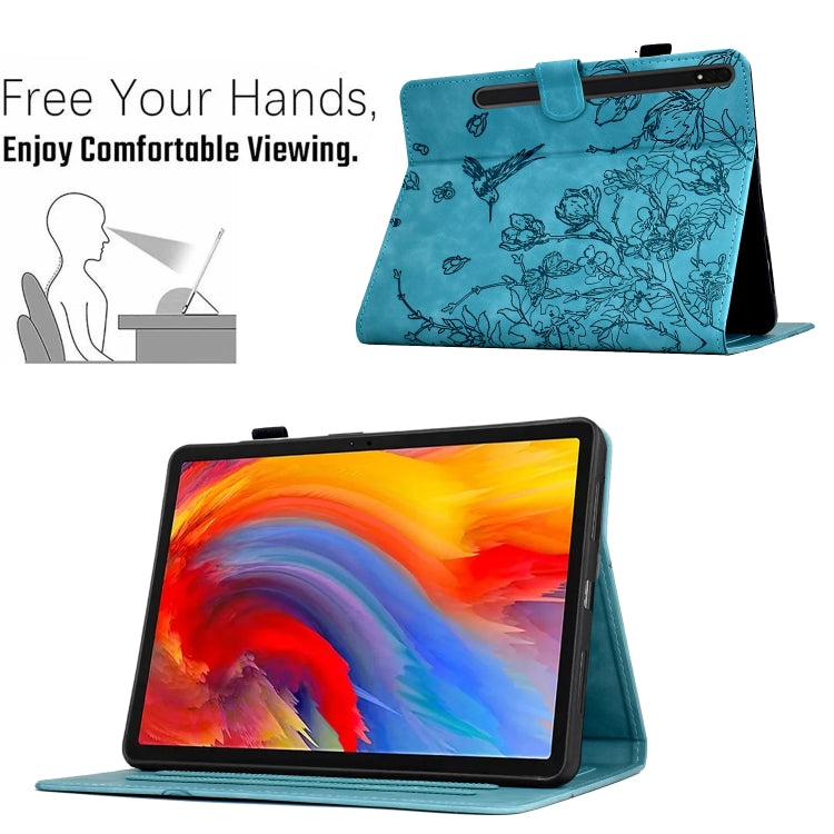 For Samsung Galaxy Tab S9 Flowers and Bird Embossed Smart Leather Tablet Case(Light Blue) - Galaxy Tab S9 Cases by buy2fix | Online Shopping UK | buy2fix