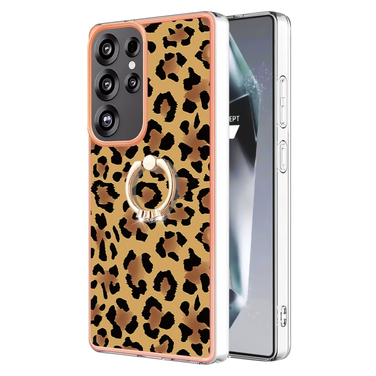 For Samsung Galaxy S25 Ultra 5G Electroplating Dual-side IMD Phone Case with Ring Holder(Leopard Print) - Galaxy S25 Ultra 5G Cases by buy2fix | Online Shopping UK | buy2fix