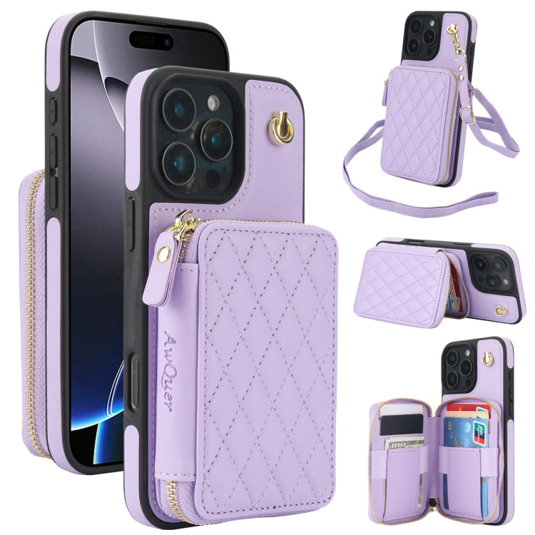 For iPhone 16 Pro Max AwQuer Crossbody Zipper Wallet Rhombic Leather Back Phone Case(Purple) - iPhone 16 Pro Max Cases by Awquer | Online Shopping UK | buy2fix