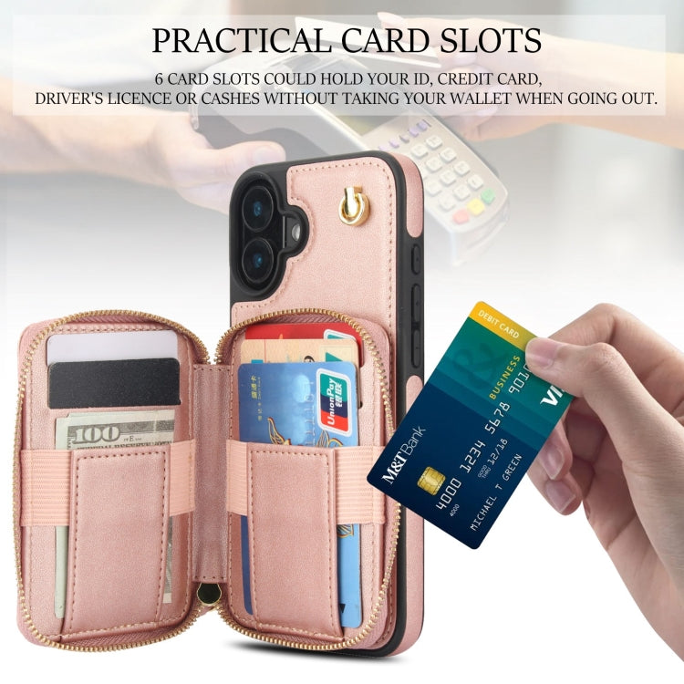 For iPhone 16 AwQuer Crossbody Zipper Wallet Rhombic Leather Back Phone Case(Rose Gold) - iPhone 16 Cases by Awquer | Online Shopping UK | buy2fix