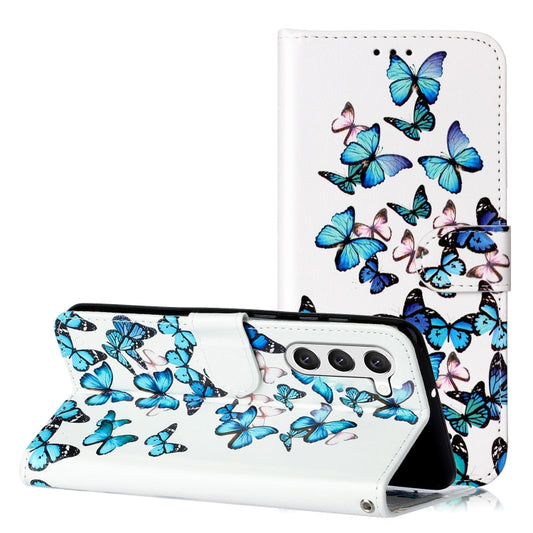 For Samsung Galaxy S25 5G Colored Drawing Marble Pattern Leather Phone Case(Little Blue Butterflies) - Galaxy S25 5G Cases by buy2fix | Online Shopping UK | buy2fix