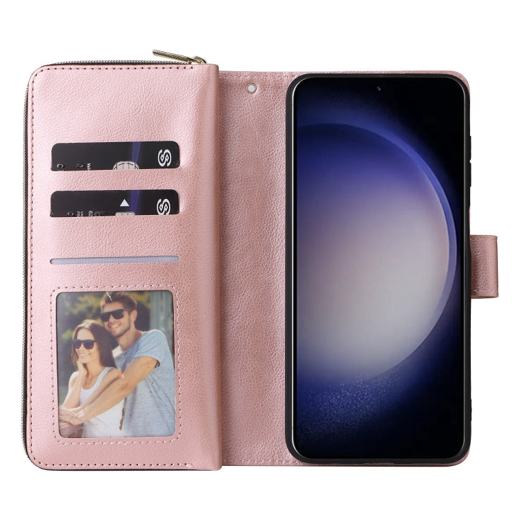 For Samsung Galaxy S25 5G 9-Card Slots Zipper Wallet Bag Leather Phone Case(Rose Gold) - Galaxy S25 5G Cases by buy2fix | Online Shopping UK | buy2fix