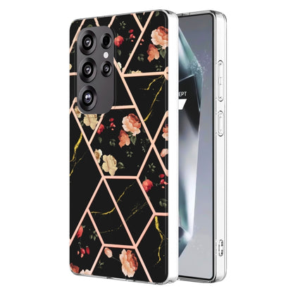 For Samsung Galaxy S25 Ultra 5G Splicing Marble Flower IMD TPU Phone Case(Black Flower) - Galaxy S25 Ultra 5G Cases by buy2fix | Online Shopping UK | buy2fix