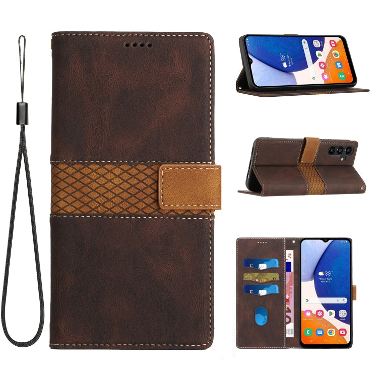 For Samsung Galaxy S25 5G Grid Stitching Leather Phone Case with Lanyard(Brown) - Galaxy S25 5G Cases by buy2fix | Online Shopping UK | buy2fix