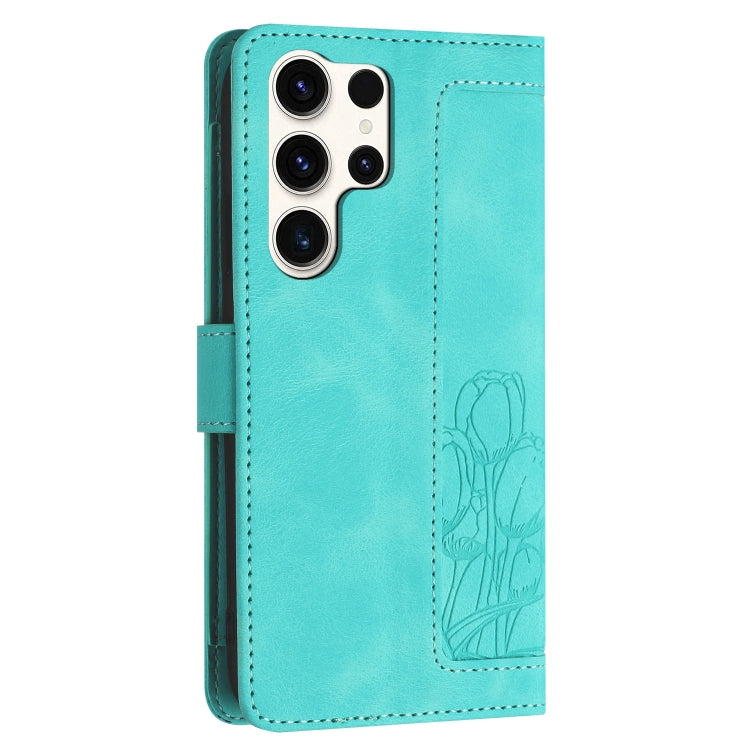 For Samsung Galaxy S25 Ultra 5G Tulips Embossed Leather Phone Case with Lanyard(Green) - Galaxy S25 Ultra 5G Cases by buy2fix | Online Shopping UK | buy2fix