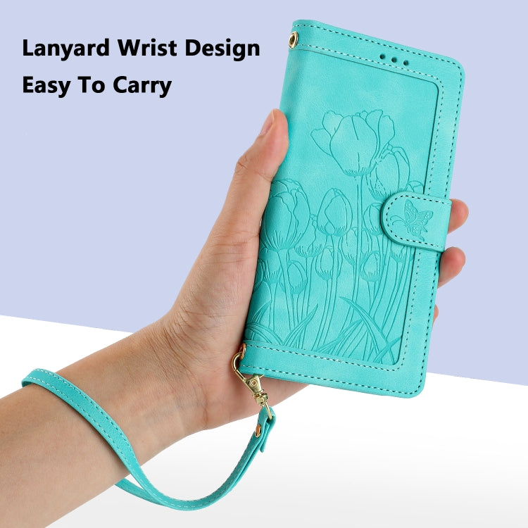 For Samsung Galaxy S25+ 5G Tulips Embossed Leather Phone Case with Lanyard(Green) - Galaxy S25+ 5G Cases by buy2fix | Online Shopping UK | buy2fix