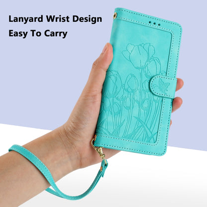 For Samsung Galaxy S25+ 5G Tulips Embossed Leather Phone Case with Lanyard(Green) - Galaxy S25+ 5G Cases by buy2fix | Online Shopping UK | buy2fix