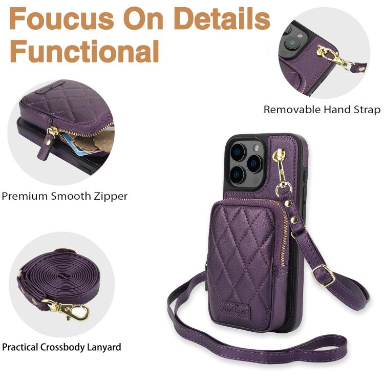 For iPhone 16 AwQuer Crossbody Zipper Wallet Bag Litchi Leather Phone Case(Dark Purple) - iPhone 16 Cases by Awquer | Online Shopping UK | buy2fix