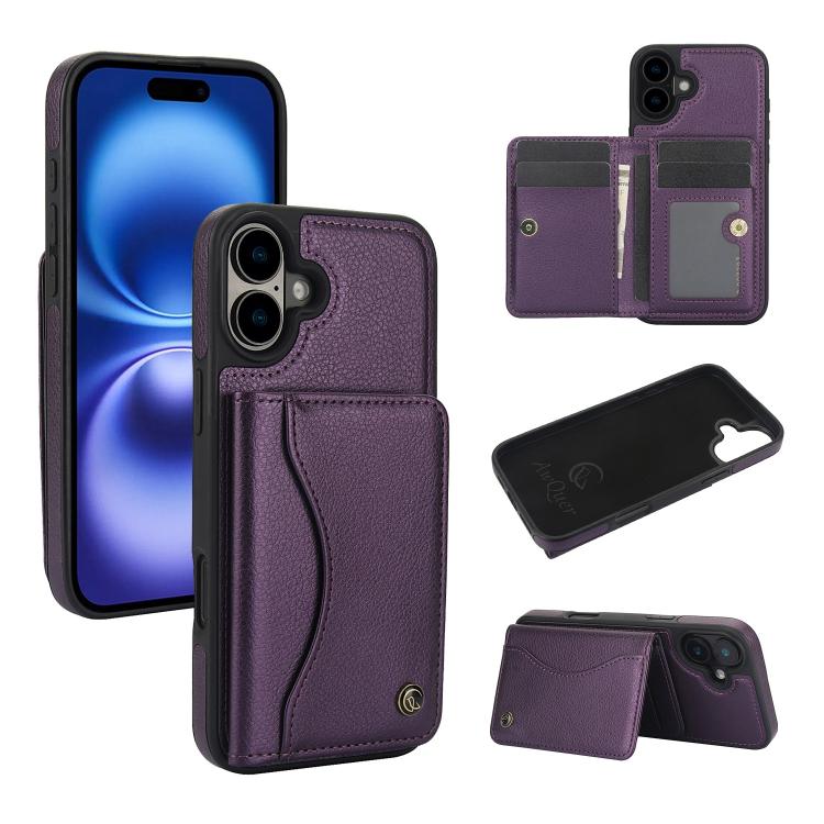 For iPhone 16 Plus AwQuer Horizontal Flip Card Bag Holder Leather Phone Case(Dark Purple) - iPhone 16 Plus Cases by Awquer | Online Shopping UK | buy2fix