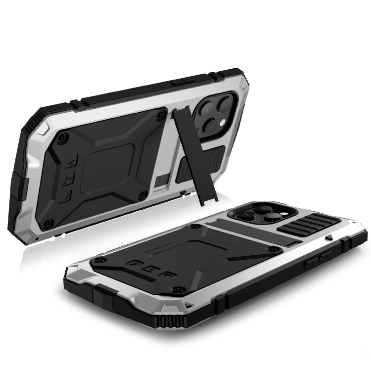 For iPhone 12 mini R-JUST Shockproof Waterproof Dust-proof Metal + Silicone Protective Case with Holder (Silver) - iPhone 12 mini Cases by R-JUST | Online Shopping UK | buy2fix