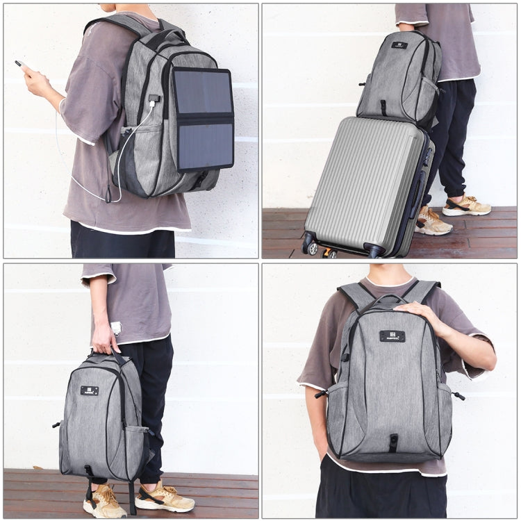 HAWEEL 14W Foldable Removable Solar Power Outdoor Portable Canvas Dual Shoulders Laptop Backpack, USB Output: 5V 2.1A Max(Grey) - Backpack by HAWEEL | Online Shopping UK | buy2fix