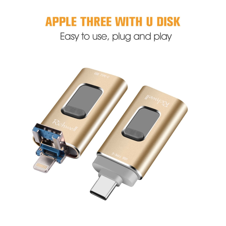 Richwell 3 in 1 32G Type-C + 8 Pin + USB 3.0 Metal Push-pull Flash Disk with OTG Function(Rose Gold) - U Disk & Card Reader by Richwell | Online Shopping UK | buy2fix