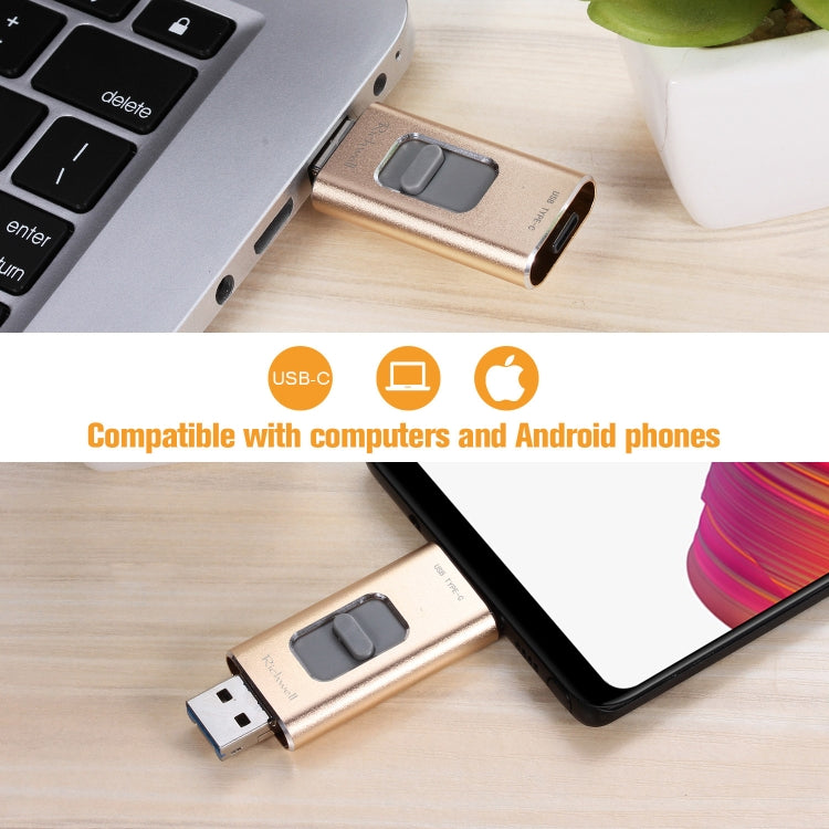 Richwell 3 in 1 64G Type-C + 8 Pin + USB 3.0 Metal Push-pull Flash Disk with OTG Function(Rose Gold) - U Disk & Card Reader by Richwell | Online Shopping UK | buy2fix