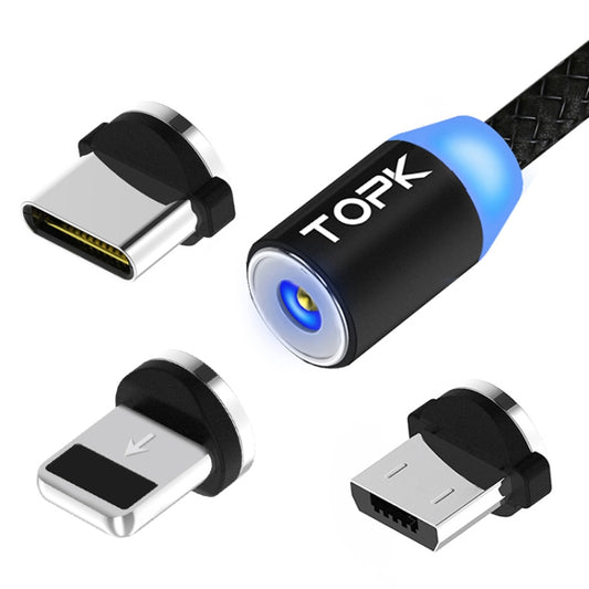 TOPK AM23 2m 2.1A Output USB to 8 Pin + USB-C / Type-C + Micro USB Mesh Braided Magnetic Charging Cable with LED Indicator(Black) - Charging Cable & Head by TOPK | Online Shopping UK | buy2fix