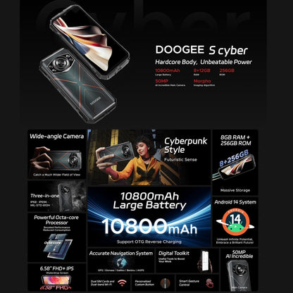 [HK Warehouse] DOOGEE S Cyber, 8GB+256GB, 6.58 inch Android 14 Spreadtrum T606 Octa Core, Network: 4G, OTG, NFC (Black Red) - DOOGEE by DOOGEE | Online Shopping UK | buy2fix