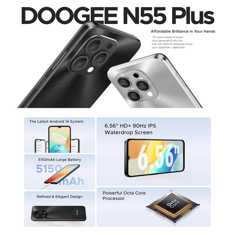 [HK Warehouse] DOOGEE N55 Plus, 8GB+128GB, 6.56 inch Android 14 Spreadtrum T606 Octa Core, Network: 4G, OTG (Black) - DOOGEE by DOOGEE | Online Shopping UK | buy2fix