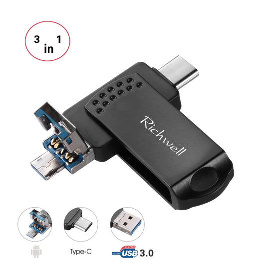Richwell 3 in 1 128G Type-C + Micro USB + USB 3.0 Metal Flash Disk with OTG Function(Black) - U Disk & Card Reader by Richwell | Online Shopping UK | buy2fix