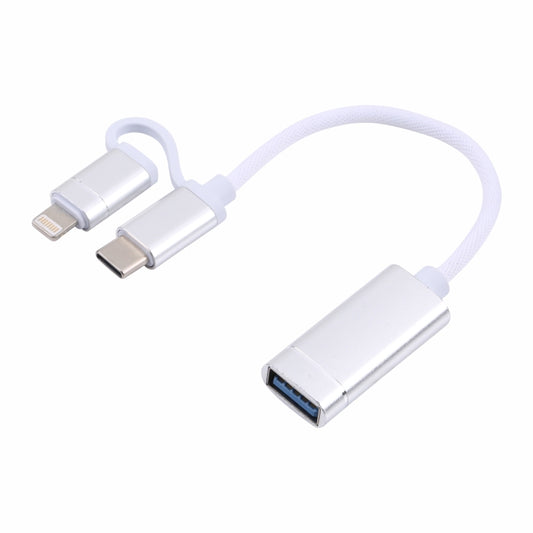 USB 3.0 Female to 8 Pin + USB-C / Type-C Male Charging + Transmission OTG Nylon Braided Adapter Cable, Cable Length: 11cm(Silver + White) - Converter & Adapter by buy2fix | Online Shopping UK | buy2fix