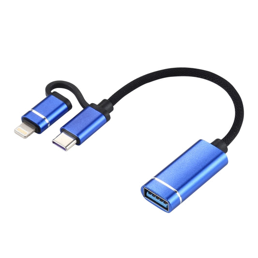 USB 3.0 Female to 8 Pin + USB-C / Type-C Male Charging + Transmission OTG Nylon Braided Adapter Cable, Cable Length: 11cm(Blue) - Converter & Adapter by buy2fix | Online Shopping UK | buy2fix