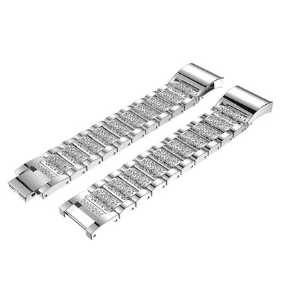 Diamond-studded Solid Stainless Steel Watch Band for Fitbit Charge 2(Silver) - Watch Bands by buy2fix | Online Shopping UK | buy2fix