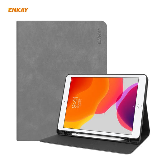 For iPad 10.2 2021 / 2020 / 2019 ENKAY ENK-8023 Cow Texture PU Leather + TPU Smart Case with Pen Slot(Grey) - iPad 10.2 Cases by ENKAY | Online Shopping UK | buy2fix