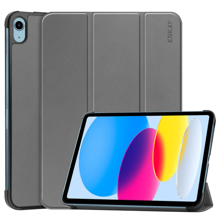 For iPad 10th Gen 10.9 2022 ENKAY Tri-fold Custer Texture Leather Stand Smart Case(Grey) - iPad 10th Gen 10.9 Cases by ENKAY | Online Shopping UK | buy2fix