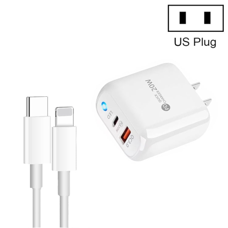 PD04 Type-C + USB Mobile Phone Charger with Type-C to 8 Pin Cable, US Plug(White) - USB Charger by buy2fix | Online Shopping UK | buy2fix