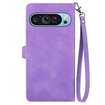 For Google Pixel 9 Embossed Flower Zipper Leather Phone Case(Purple) - Google Cases by buy2fix | Online Shopping UK | buy2fix