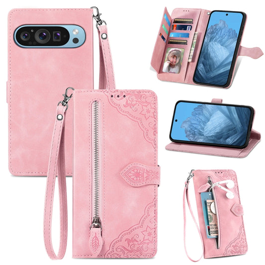 For Google Pixel 9 Embossed Flower Zipper Leather Phone Case(Pink) - Google Cases by buy2fix | Online Shopping UK | buy2fix