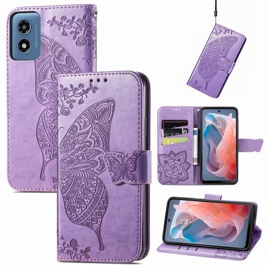 For Motorola Moto G  Play  2024 Butterfly Love Flower Embossed Leather Phone Case(Light Purple) - Motorola Cases by buy2fix | Online Shopping UK | buy2fix