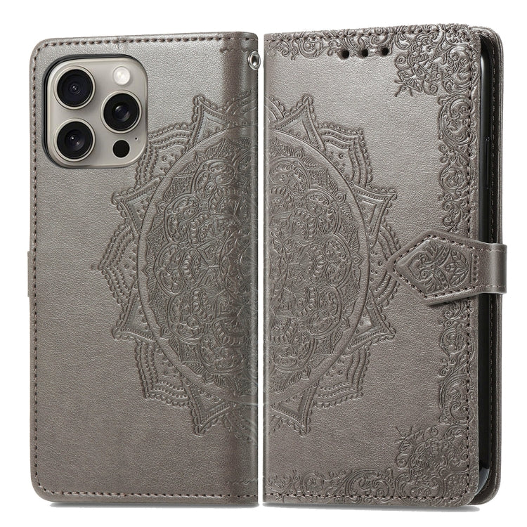 For iPhone 16 Pro Max Mandala Flower Embossed Leather Phone Case(Gray) - iPhone 16 Pro Max Cases by buy2fix | Online Shopping UK | buy2fix