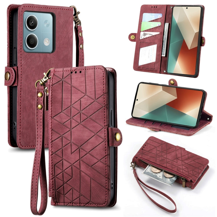 For Redmi Note 13 4G Geometric Zipper Wallet Side Buckle Leather Phone Case(Red) - Note 13 Cases by buy2fix | Online Shopping UK | buy2fix